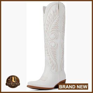Knee High Western Boots Embroidered Pointed Toe Chunky Heel Pull On Wide Calf